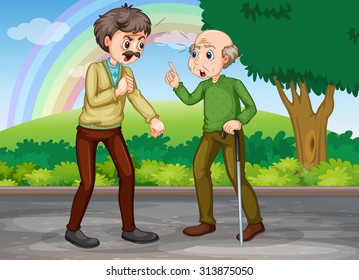 Two old men fighting in the park illustration