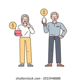 Two old men are looking at the accumulation of assets through bankbooks and mobile banking. outline simple vector illustration.