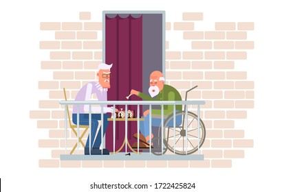 Two old men play chess on the balcony. Relax and have a good time during the coronavirus pandemic. Flat Art Vector Illustration