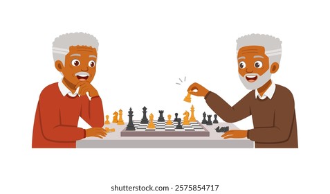 two old men play chess and feel happy