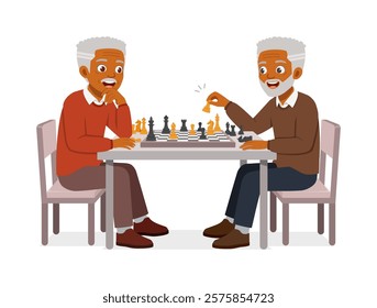 two old men play chess and feel happy