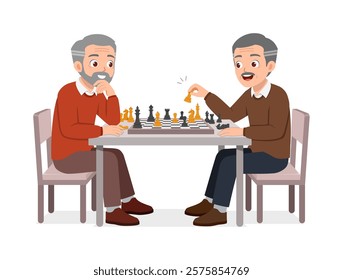 two old men play chess and feel happy