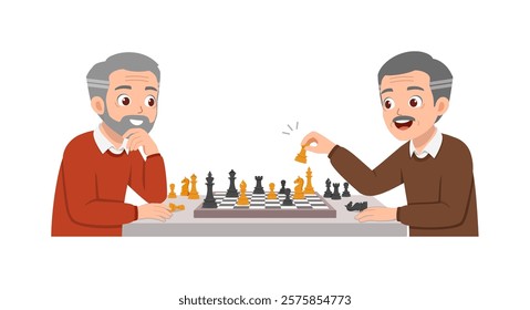 two old men play chess and feel happy