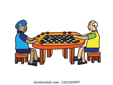 Two old men playing a game of checkers or draughts. Editable Clip Art.