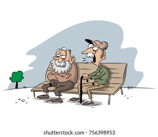 Two old men sitting on a park bench and talking