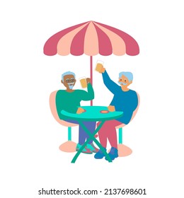Two old men sitting at street cafe or restaurant tables talking to each other, drinking beer with friend. Flash vector illustration on white background
