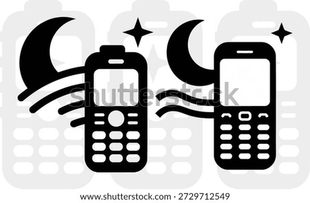 Two old mobile phones with crescent moons and stars isolated on transparent background retro technology