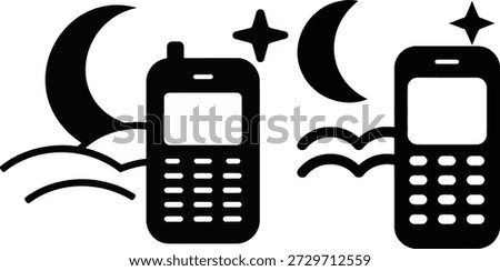 Two old mobile phones with crescent moons and stars isolated on transparent background vintage technology