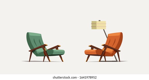 two old modern armchairs with lamp