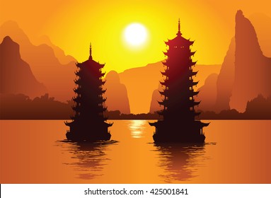Two old pagodas on the water, Guilin, China