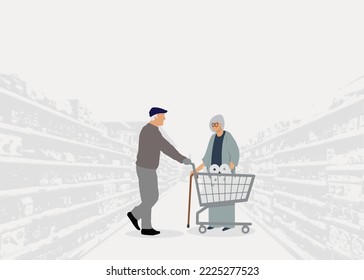 Two old people are shopping in the supermarket. Vector illustration