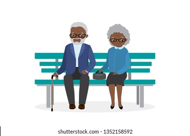 Two old people are sitting on bench,cute elderly couple,aged african american male and female characters isolated on white background,flat vector illustration