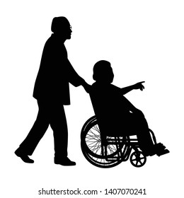 Two old people with wheelchair silhouette vector on white