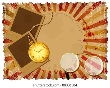 Two old pictures and gold clock, eyeglasses on vintage background
