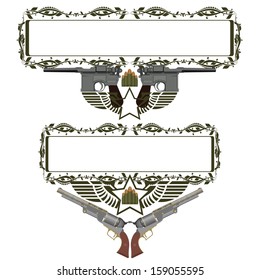 Two old pistol and abstract icon with star and wings on the background of a frame with a pattern.