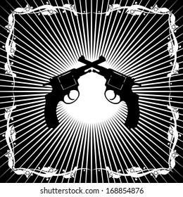 Two old revolver against the background of diverging rays. Black and white illustration.