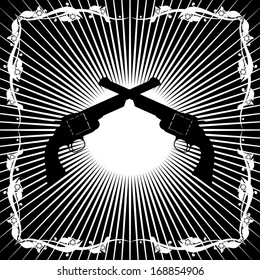 Two old revolver against the background of diverging rays. Black and white illustration.