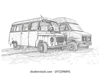 Two Old Rusty Abandoned Minibuses (buses, Van) Stand With Flat Tires. Vector Illustration In A Linear Shading Style On A White Background, EPS 10. The Concept Of A Car Dump And Retro Cars.Hand Drawing