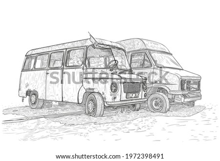 Two old rusty abandoned minibuses (buses, van) stand with flat tires. Vector illustration in a linear shading style on a white background, EPS 10. The concept of a car dump and retro cars.Hand drawing
