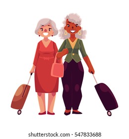 Two old, senior, elder women with suitcases in airport, cartoon illustration isolated on white background. Full length portrait of old ladies, senior women travelling together with luggage, suitcase