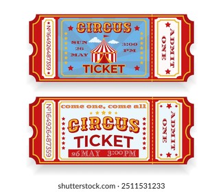 Two old tickets to the circus. Circus tent, stars and decorative text. Retro design with date, time and ticket number in classic style. For use at carnivals, circuses, event promotions.