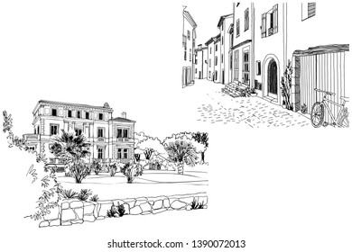 Two old views of romantic Provence, France. Urban background in hand drawn sketch style. Ink line drawing. Vector illustration on white.	