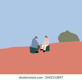 Two old woman sitting and talking in public park. Mature friends spending time together. Relationship and people concept.