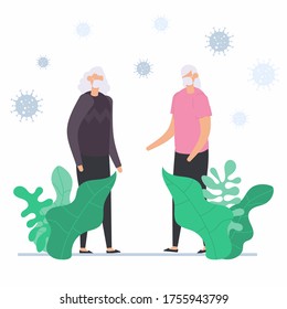 Two old woman talking to each other and wearing protective medical mask to against covid-19. Concept of corona virus, health care, and medical concept.