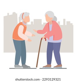Two old woman in thi city. Old people get together. Vector illustration of a flat design.