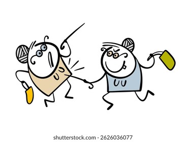 Duas mulheres velhas estão lutando na loja. Ilustração vetorial de avó batendo rival e vizinho com vara e saco. Comportamento agressivo dos visitantes do mercado, lutando por lugar na fila.