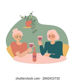 Two Old Women Sitting At Cafe Or Restaurant Tables Talking To Each Other, Drinking Wine With Friend. Flat Cartoon Characters. .