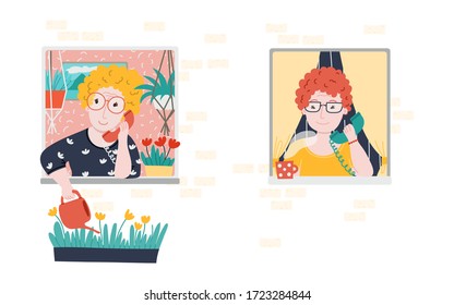 Two Old Women Talking On The Phone While They Are At Home. Coronavirus World Pandemic. Stay Home. Friendship Hand Drawn Flat Style Concept Illustration. 