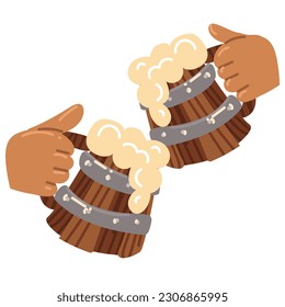 Two old wooden beer mugs with foam clink. Color cartoon illustration, sticker meeting, party, celebrate. Oktoberfest. Old mugs in pubs on a white background. Printing in pubs, pubs, cafes