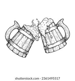 Two old wooden beer mugs clink glasses of them pouring foam. A hand-drawn sketch. Best for brewery, pub menu designs. Vector illustration.