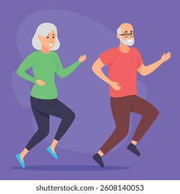 Two older adults running together in lively manner, showcasing their commitment to fitness. Importance of physical activity for wellness at any age concept