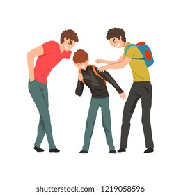 Two older boys mocking younger, conflict between children, mockery and bullying at school vector Illustration on a white background