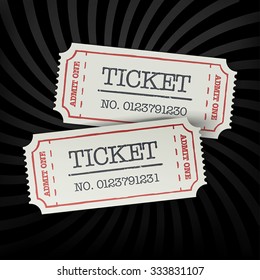 Two old-fashioned cinema tickets on dark sunburst monochrome background. All layers separated and can be edited.