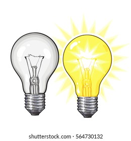 Two old-fashioned glowing tungsten light bulbs, glowing and unlit, sketch vector illustration isolated on white background. Realistic hand drawing of lit and unlit retro style tungsten light bulbs