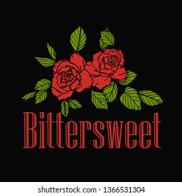 Two oldschool roses with leaves illustration, bittersweet