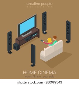 Two on sofa watching Home Cinema Television flat 3d isometric style vector illustration.
Creative people collection.