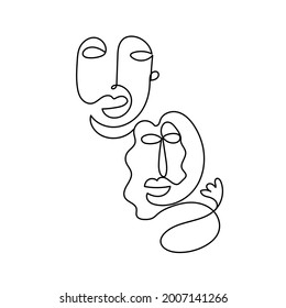 Two one line abstract faces. Graphic vector design. Linear hand painting. Design for wall art decor, poster, printable. 