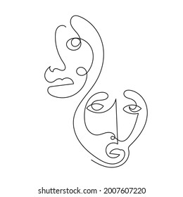 Two one line abstract faces. Graphic vector design. Linear hand painting. Design for wall art decor, poster, printable. 