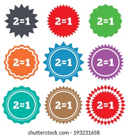Two for one sign icon. Take two pay for one sale button. 2 equals 1. Stars stickers. Certificate emblem labels. Vector
