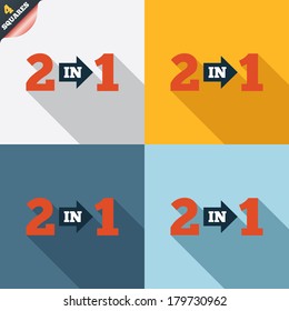 Two in one suite sign icon. 2 in 1 symbol with arrow. Four squares. Colored Flat design buttons. Vector