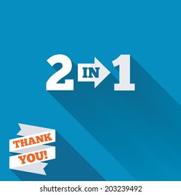 Two in one suite sign icon. 2 in 1 symbol with arrow. White flat icon with long shadow. Paper ribbon label with Thank you text. Vector