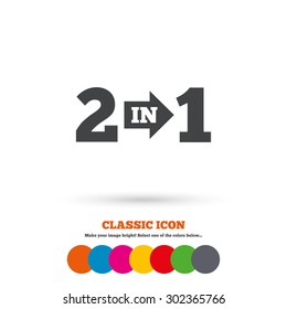 Two in one suite sign icon. 2 in 1 symbol with arrow. Classic flat icon. Colored circles. Vector