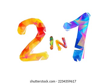 Two in one. Triangular letters and digits vector inscription