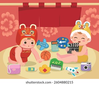 Two One-Year-Old Babies Participating in a Zhuazhou Ceremony.