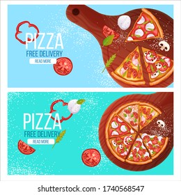 Two online pizza delivery banners with slices, cutting board, mozzarella, tomatoes, pepper on blue background. Italian food top view illustration with pepperoni, margherita, mushrooms, bacon, shrimp