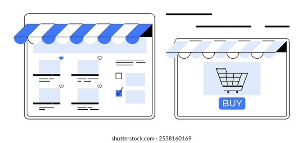 Duas lojas on-line com toldos listrados azuis um com listas de produtos em grade e um com um ícone de carrinho de compras e um botão COMPRAR. Ideal para design de site de marketing digital de e-commerce online